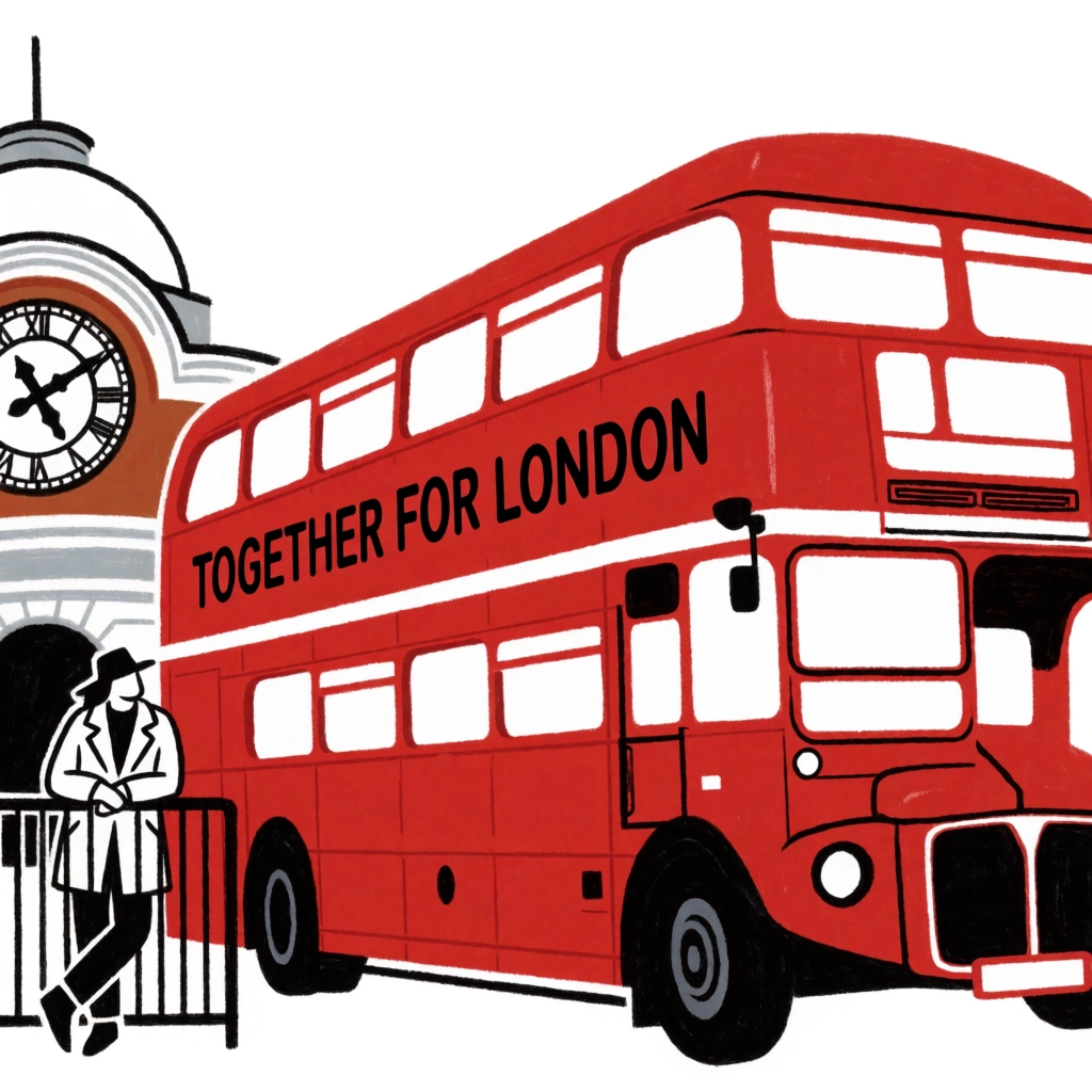an image of a public transport rider next to a london bus